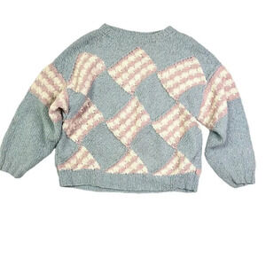 Vtg Handmade Patchwork Sweater Blue Pink Marled Granny Cottagecore Boxy XL Knit